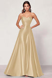 Dark Green A Line Satin Strapless Maxi Prom Dress