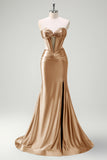 Dark Green Corset Keyhole Beaded Satin Mermaid Prom Dress with Slit