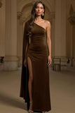 Sheath Velvet Dark Green One Shoulder Long Holiday Party Dress with Slit