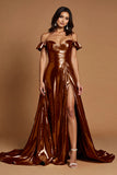 Golden A Line Ruffled Metallic Maxi Prom Dress with Slit