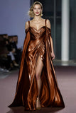 Golden Metallic Cold Shoulder Long Gala Dress with Slit