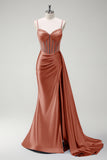 Royal Blue Spaghetti Straps Corset Mermaid Satin Prom Dress with Side Cape
