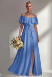 A Line Burgundy Ruffed Off the Shoulder Long Bridesmaid Dress with Slit