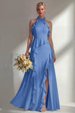 Butter Yellow Ruffled Halter Neck A Line Long Bridesmaid Dress with Slit