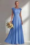 A Line Round Neck Ruffled Dusty Blue Long Bridesmaid Dress