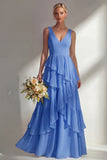 Sea Glass V Neck Ruffled Sleeveless Long Bridesmaid Dress