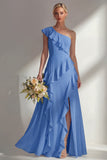 Light Pink One Shoulder Ruffled Long Bridesmaid Dress with Slit