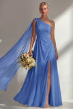 Burgundy One Shoulder Backless Ruched Long Bridesmaid Dress with Slit
