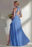 Butter Yellow Ruffled Halter Neck A Line Long Bridesmaid Dress with Slit