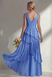 Sea Glass V Neck Ruffled Sleeveless Long Bridesmaid Dress