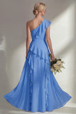 Light Pink One Shoulder Ruffled Long Bridesmaid Dress with Slit