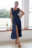 Champagne Square Neck Short Bridesmaid Dress With Slit