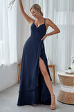 Slate Blue A Line Ruffles Long Bridesmaid Dress With Split