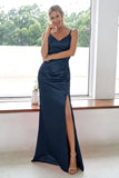 Burgundy Sheath V Neck Satin Long Bridesmaid Dress With Split