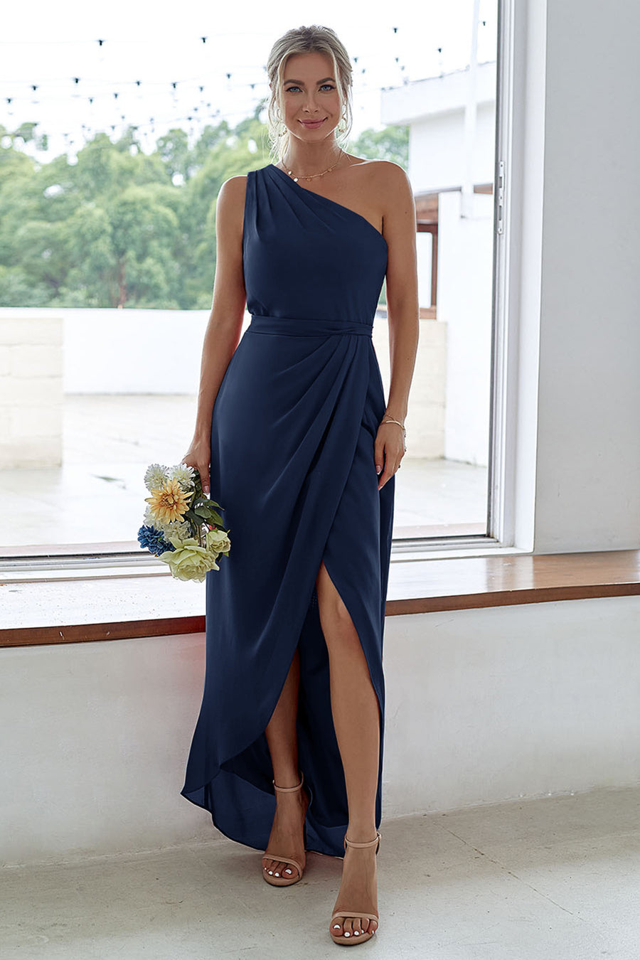 dark navy bridesmaid dresses uk BABARONI Chiffon Dark Navy Junior Bridesmaid Dresses A-line  Off-the-shoulder Floor-length Ruched – BABARONI UK main image 0