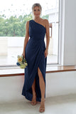 Rust One Shoulder Satin Long Asymmetrical Bridesmaid Dress