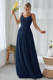Mint Green A Line V Neck Long Pleated Bridesmaid Dress