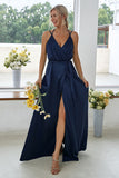 Dark Green Backless V-Neck Long Bridesmaid Dress With Side Slit