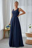 Silver A Line Chiffon Long Bridesmaid Dress With Pockets