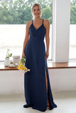 Burgundy A Line Long Bridesmaid Dress With Slit