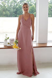Burgundy A Line Long Bridesmaid Dress With Slit