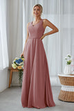 Silver A Line Chiffon Long Bridesmaid Dress With Pockets