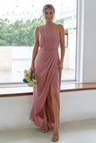 Rust One Shoulder Satin Long Asymmetrical Bridesmaid Dress