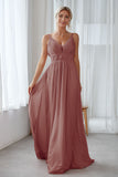 Vintage Mauve Chiffon Adjustable Straps Backless Long Bridesmaid Dress