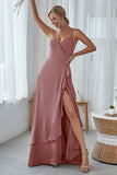 Slate Blue A Line Ruffles Long Bridesmaid Dress With Split