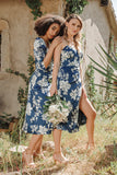 Ink Blue Mermaid Ruched Satin Print Midi Wedding Guest Dress