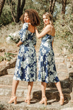 Ink Blue Mermaid Ruched Satin Print Midi Wedding Guest Dress