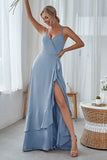 Slate Blue A Line Ruffles Long Bridesmaid Dress With Split