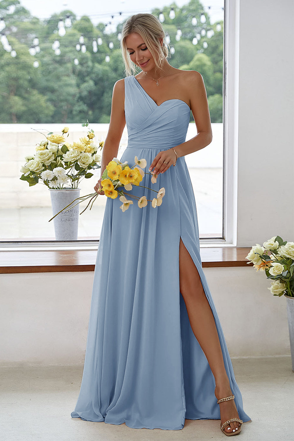 Leely Women Peach Long Bridesmaid Dress One Shoulder Chiffon Formal Dress With Side Slit leelyuk Leely Women Peach Long Bridesmaid Dress One Shoulder Chiffon Formal Dress With Side Slit leelyuk