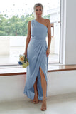 Rust One Shoulder Satin Long Asymmetrical Bridesmaid Dress