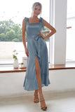 Champagne Square Neck Short Bridesmaid Dress With Slit