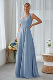 Silver A Line Chiffon Long Bridesmaid Dress With Pockets