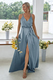 Dark Green Backless V-Neck Long Bridesmaid Dress With Side Slit