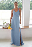Burgundy A Line Long Bridesmaid Dress With Slit