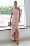Rust One Shoulder Satin Long Asymmetrical Bridesmaid Dress