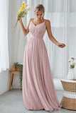 Mint Green A Line V Neck Long Pleated Bridesmaid Dress