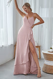 Slate Blue A Line Ruffles Long Bridesmaid Dress With Split