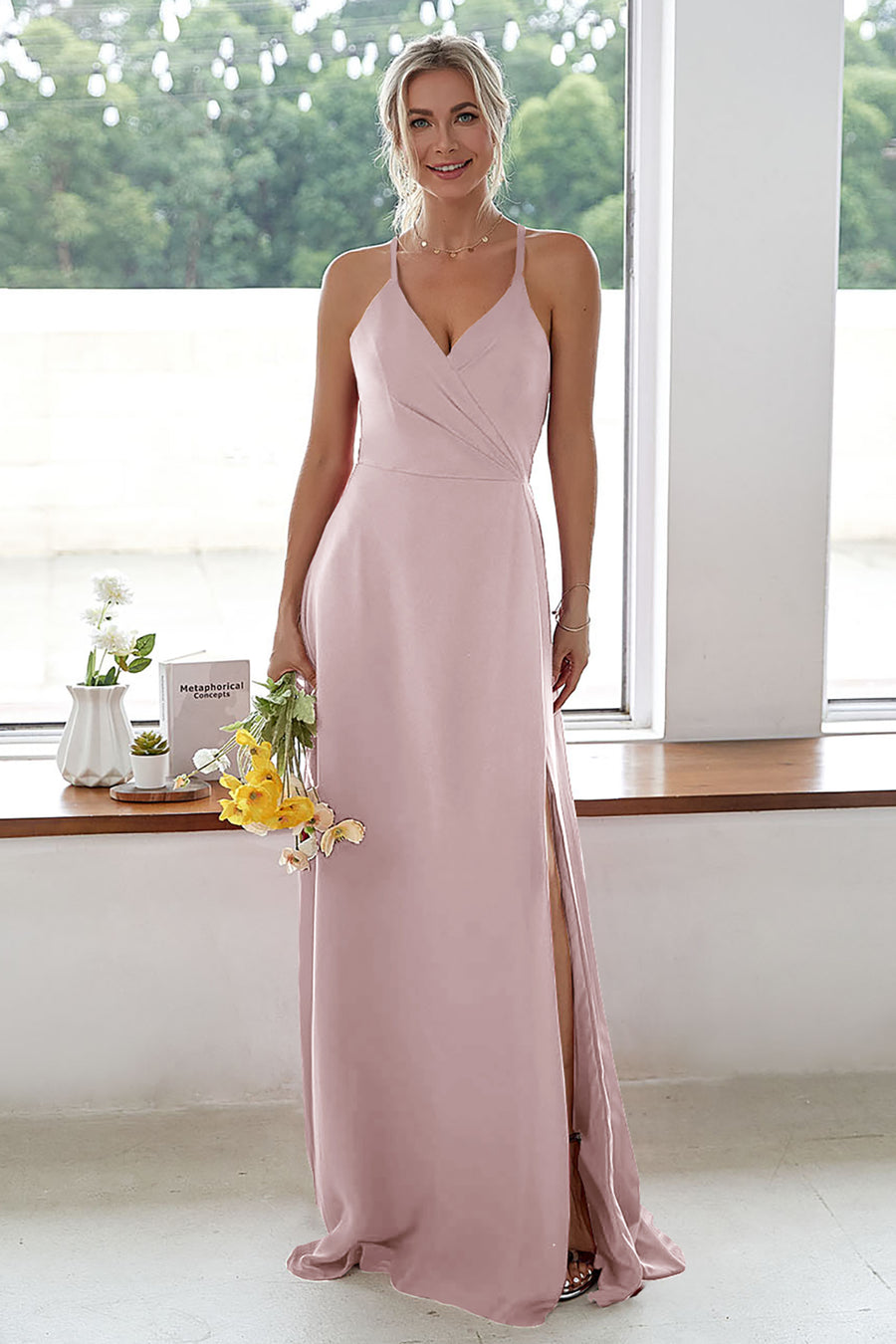 dusty rose bridesmaid dresses uk BABARONI V-neck Spaghetti Straps Bridesmaid Dress With Slit Dusty Rose, Dusty Rose / US0 main image 0