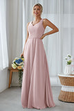 Silver A Line Chiffon Long Bridesmaid Dress With Pockets