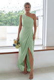 Rust One Shoulder Satin Long Asymmetrical Bridesmaid Dress