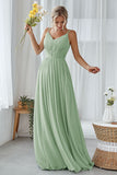 Mint Green A Line V Neck Long Pleated Bridesmaid Dress