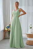 Silver A Line Chiffon Long Bridesmaid Dress With Pockets