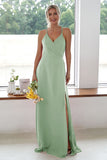 Burgundy A Line Long Bridesmaid Dress With Slit