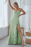 Slate Blue A Line Ruffles Long Bridesmaid Dress With Split