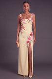 Black Floral Sheath Thick Straps Long Wedding Guest Dress with Slit
