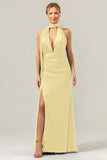 Burgundy Sheath V-Neck Satin Bridesmaid Guest Dress with Slit